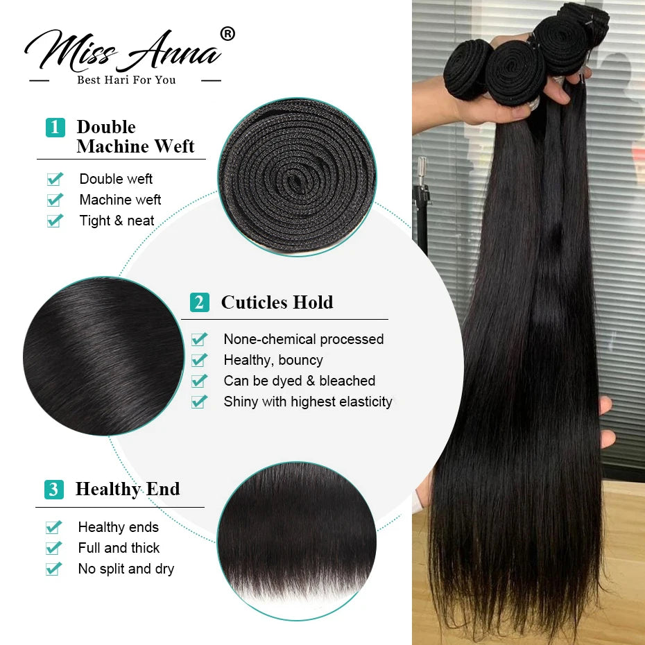 MISSANNA 32 34 36 38 40 Inch Straight Bundle Bone Straight Human Hair Brazilian Soft Weave Bundles Thick Natural Hair Extensions